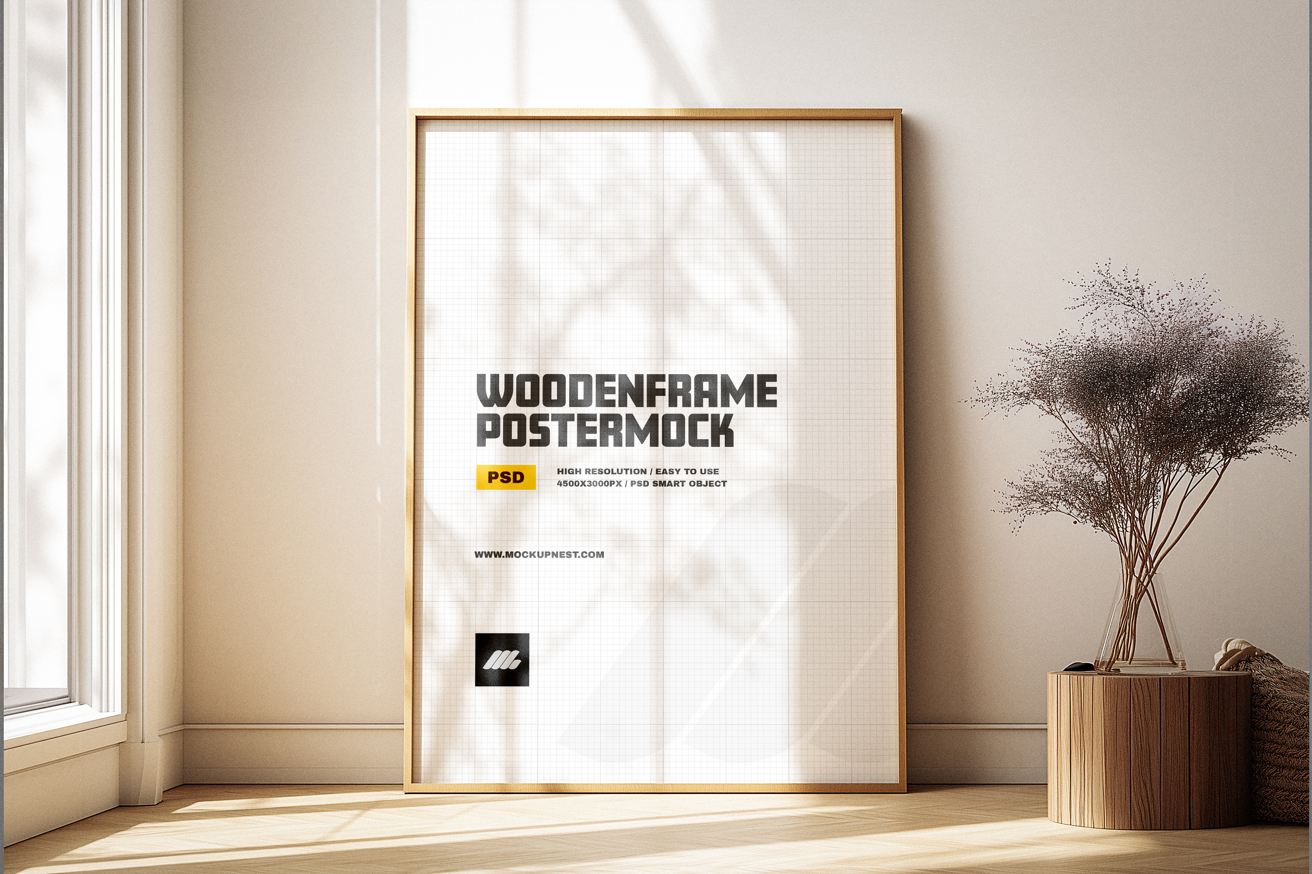 Gratis Wooden A2 Poster Frame Mockup in Sunlit Minimal Room