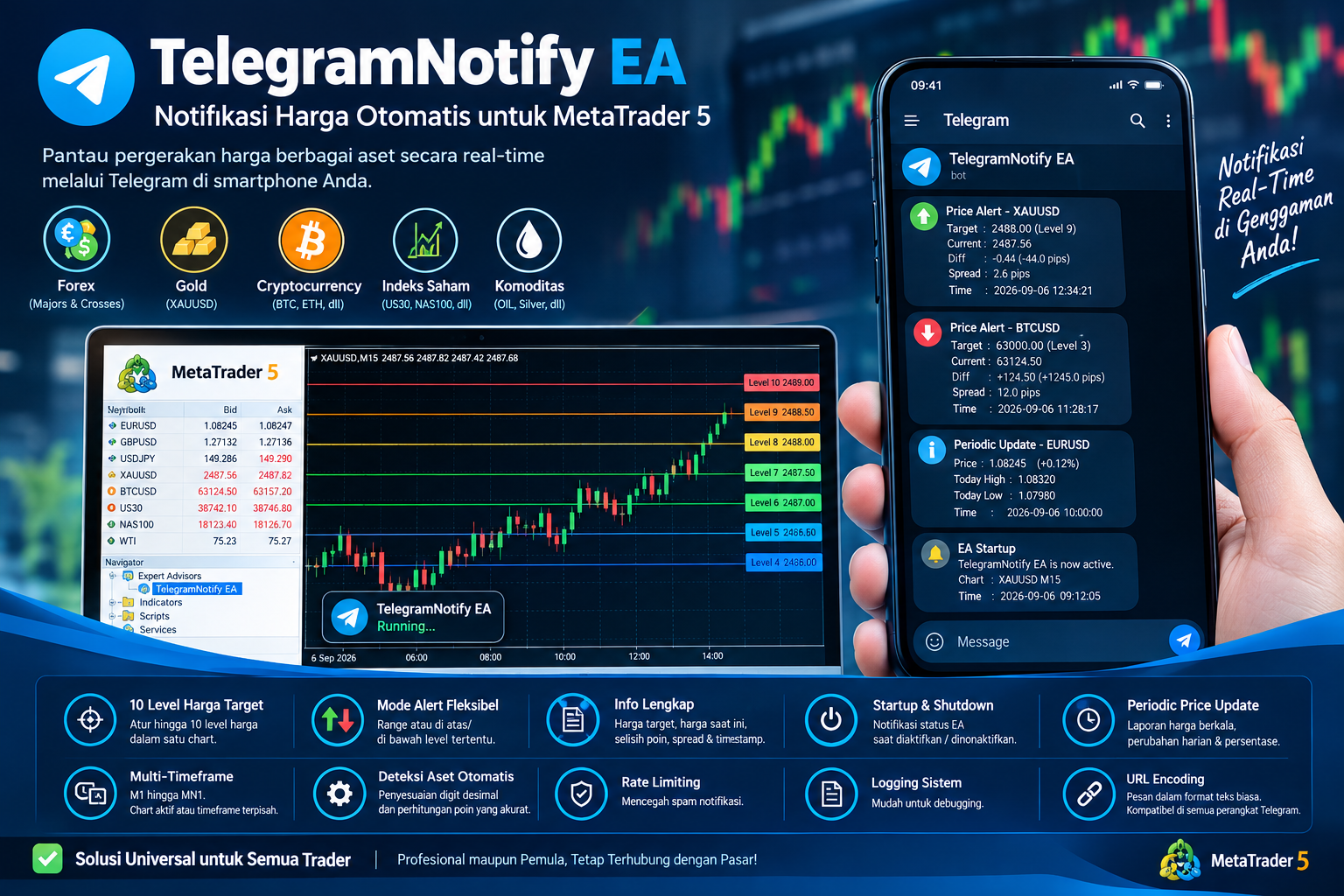TelegramNotify EA - Multi-Asset Price Alert System for MetaTrader 5